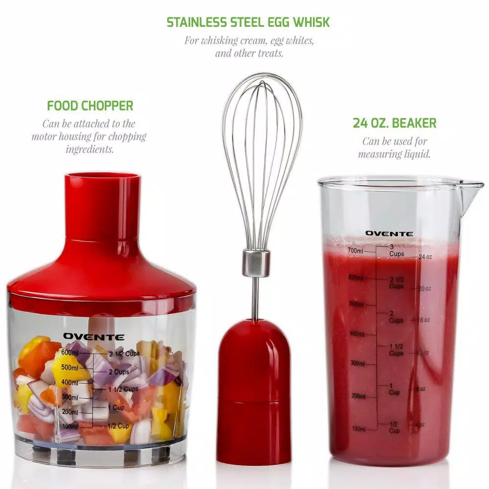 Ovente HS565 300W Immersion Blender Set with Chopper, Whisk, and 24 oz. Beaker - Red
