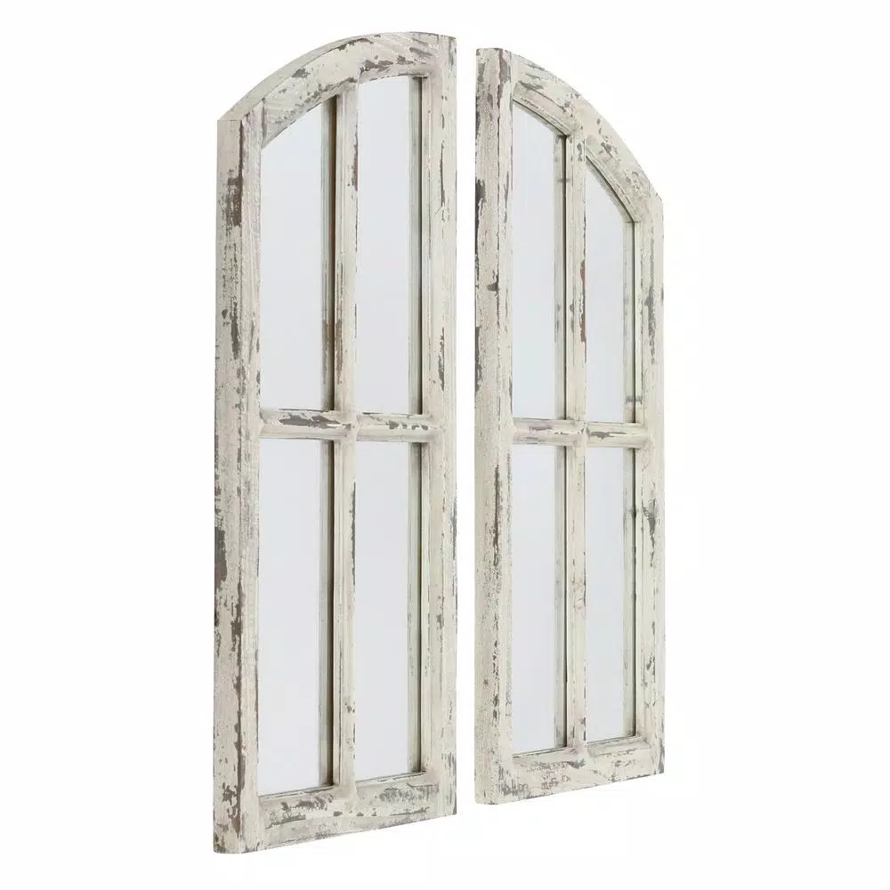 Aspire Home Accents Pueblo Distressed Off-White Wood Arch Windowpane Mirror Set (27 x 15 in.)