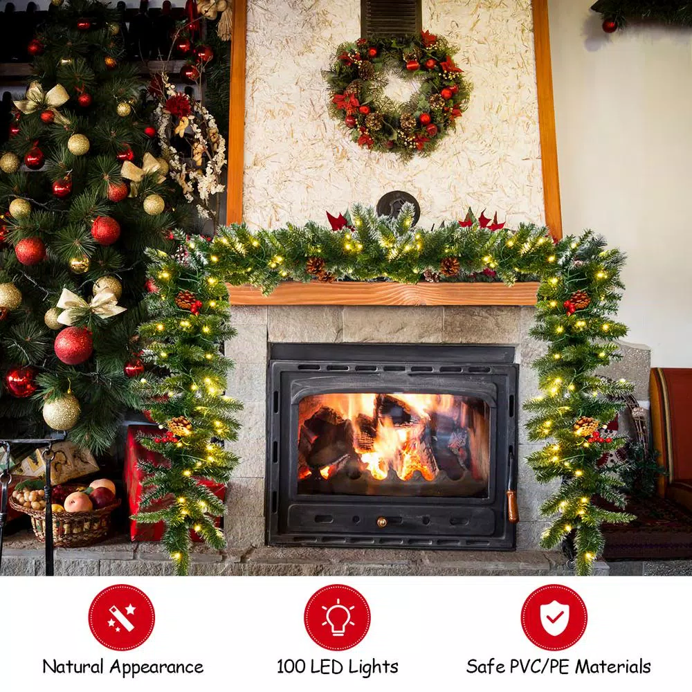 Costway 9 ft. Pre-Lit LED Artificial Fall & Christmas Garland with 100 Warm White Lights and Timer