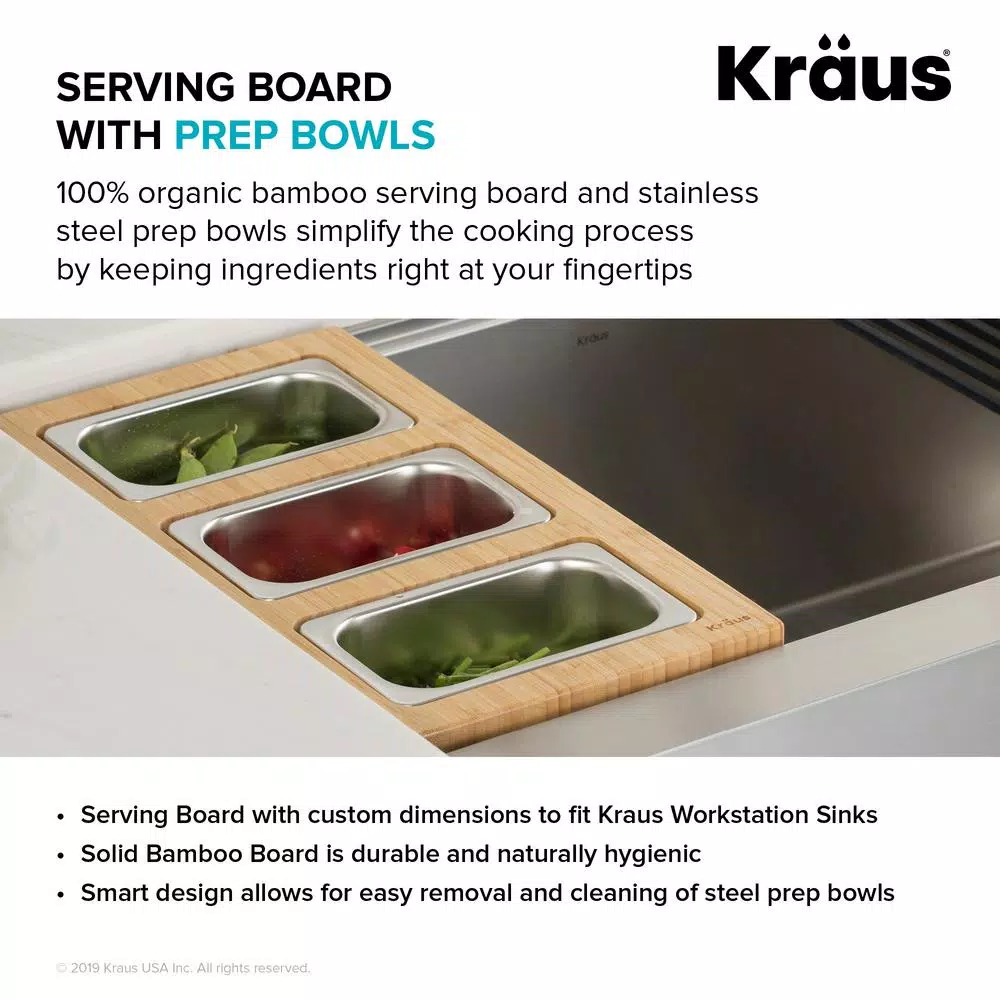 KRAUS Workstation Kitchen Sink Accessory Set: Bamboo Serving Board & 3 Stainless Steel Prep Bowls
