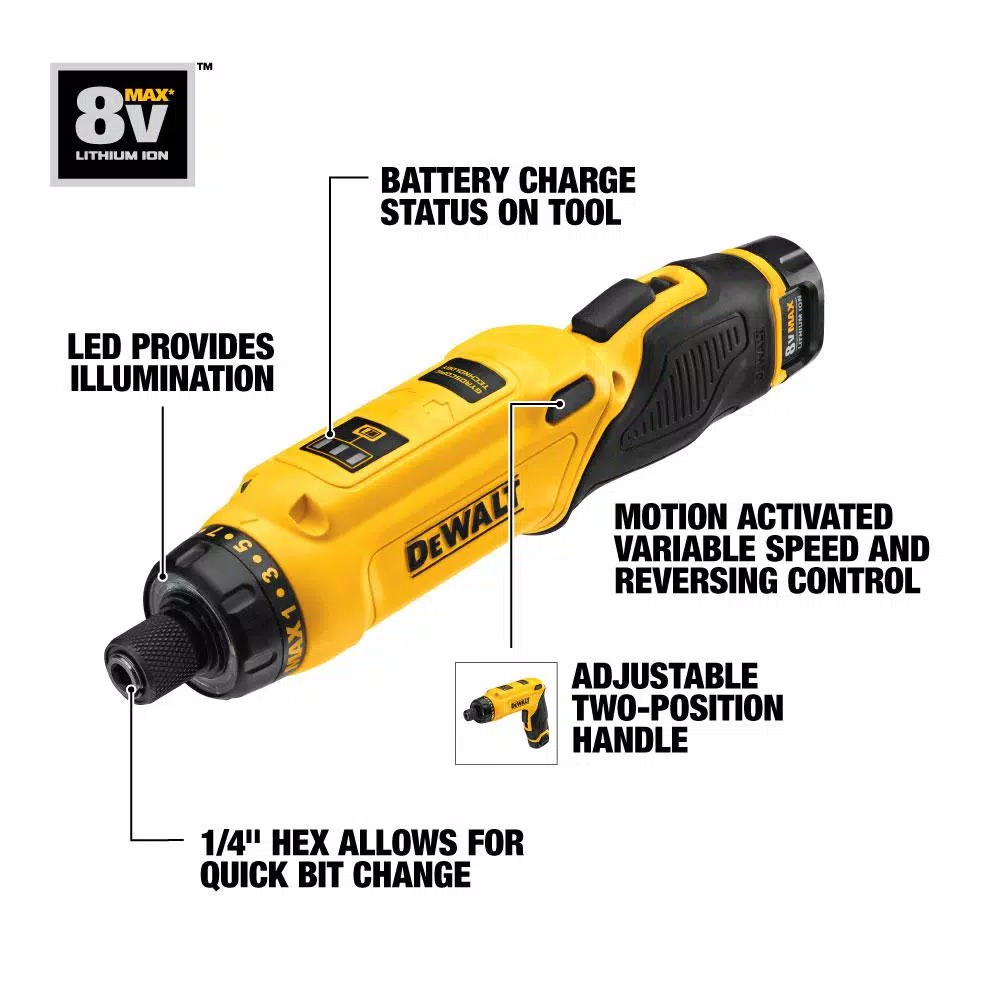 DEWALT 8V MAX Cordless Gyroscopic Screwdriver Kit with 1.0 Ah Battery, Charger & Bag