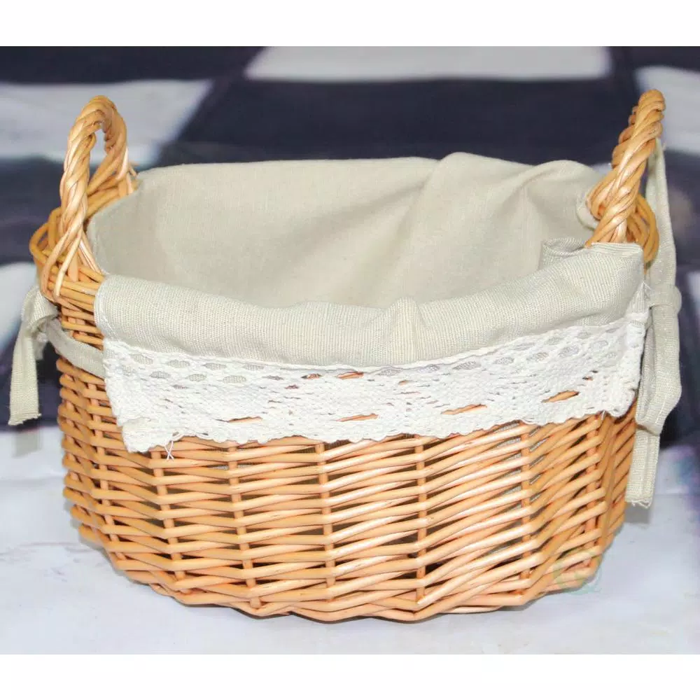 Vintiquewise Natural Wicker Oval Small Basket with White Lace Trim and Removable Linen Liner