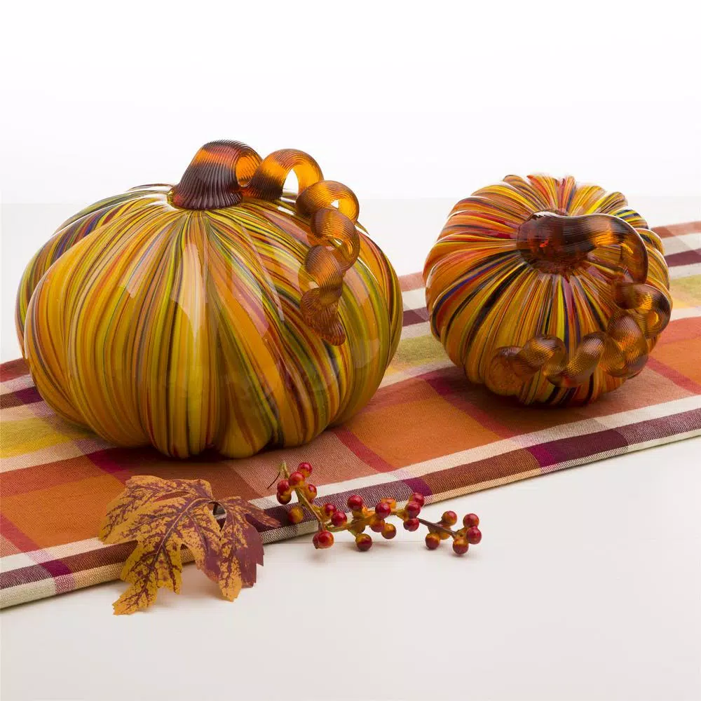 Glitzhome Multi-Striped Glass Short Pumpkin Set - 100% Handmade Glass Tabletop Decoration