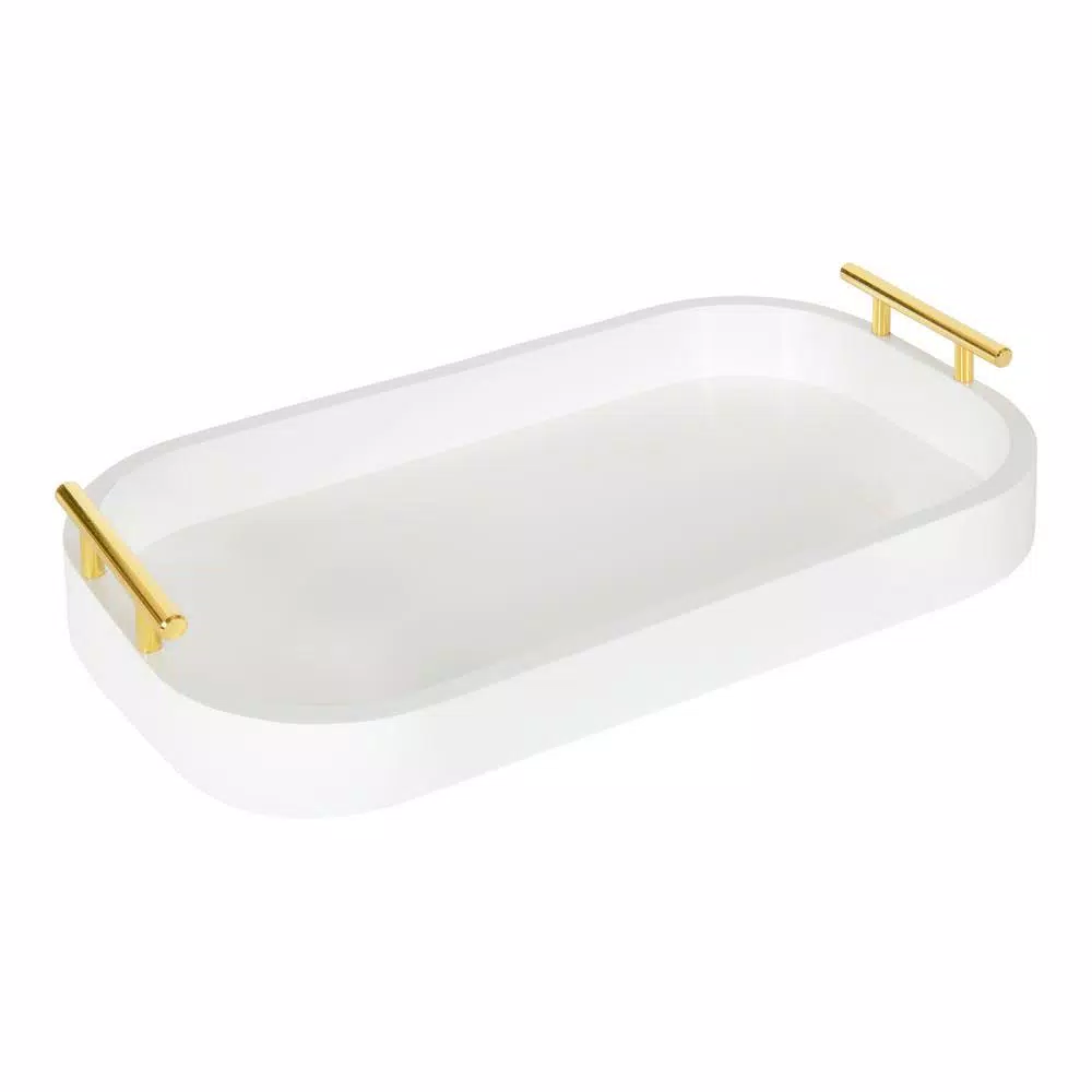 Kate and Laurel Lipton White Decorative Wood Tray with Gold Metal Handles