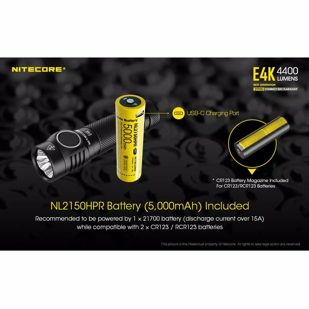 NITECORE E4K Tactical EDC Flashlight, 4400 Lumens, USB-C Rechargeable, Waterproof & Impact Resistant