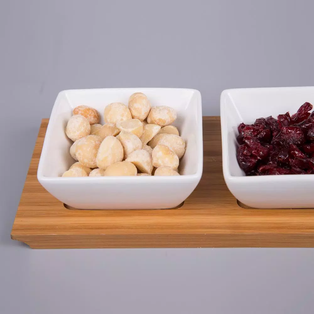 Creative Home 4-Piece Stoneware Square Bowls and Natural Bamboo Serving Tray Set