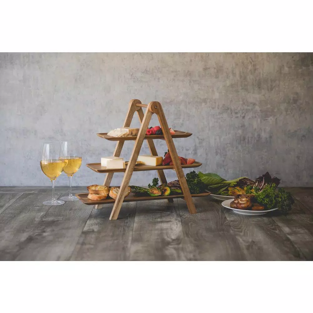 Picnic Time Acacia Wood 3-Tier Serving Ladder Station Set with Removable Trays