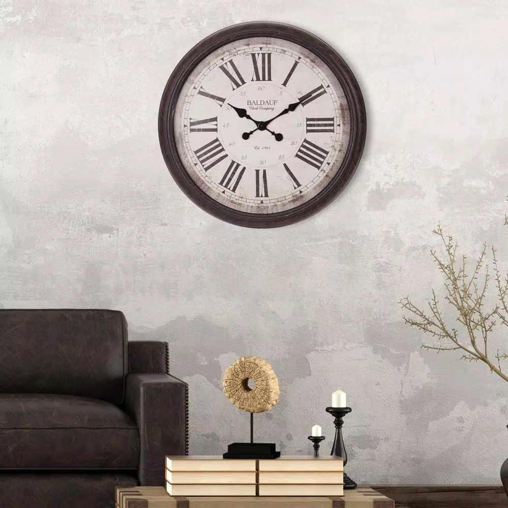 Pinnacle Baldaud 30 in. Antique Bronze Roman Numeral Wall Clock, Oversized Round Analog Design