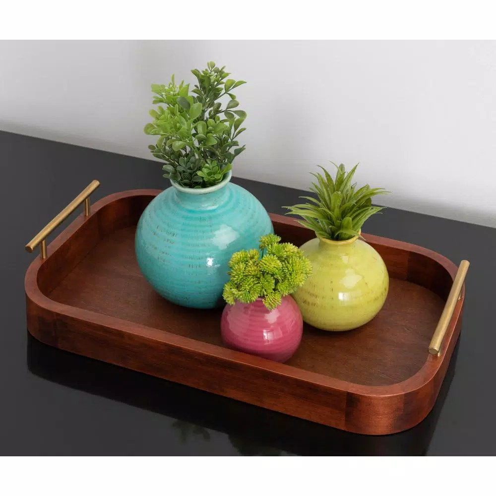 Kate and Laurel Lipton Walnut Brown Wood Decorative Tray with Gold Handles