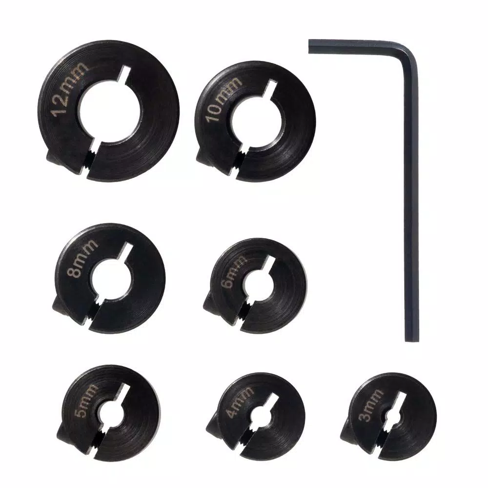 POWERTEC 7-Piece Stainless Steel Drill Bit Stop Collar Set with Split Ring Design and Size Markings