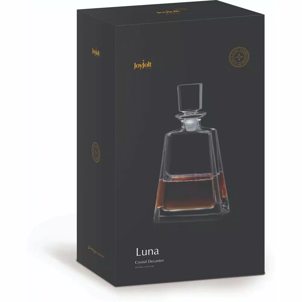 JoyJolt Luna Crystal Whiskey Decanter with Stopper, 23.5 oz Clear Rectangular Glass Decanter