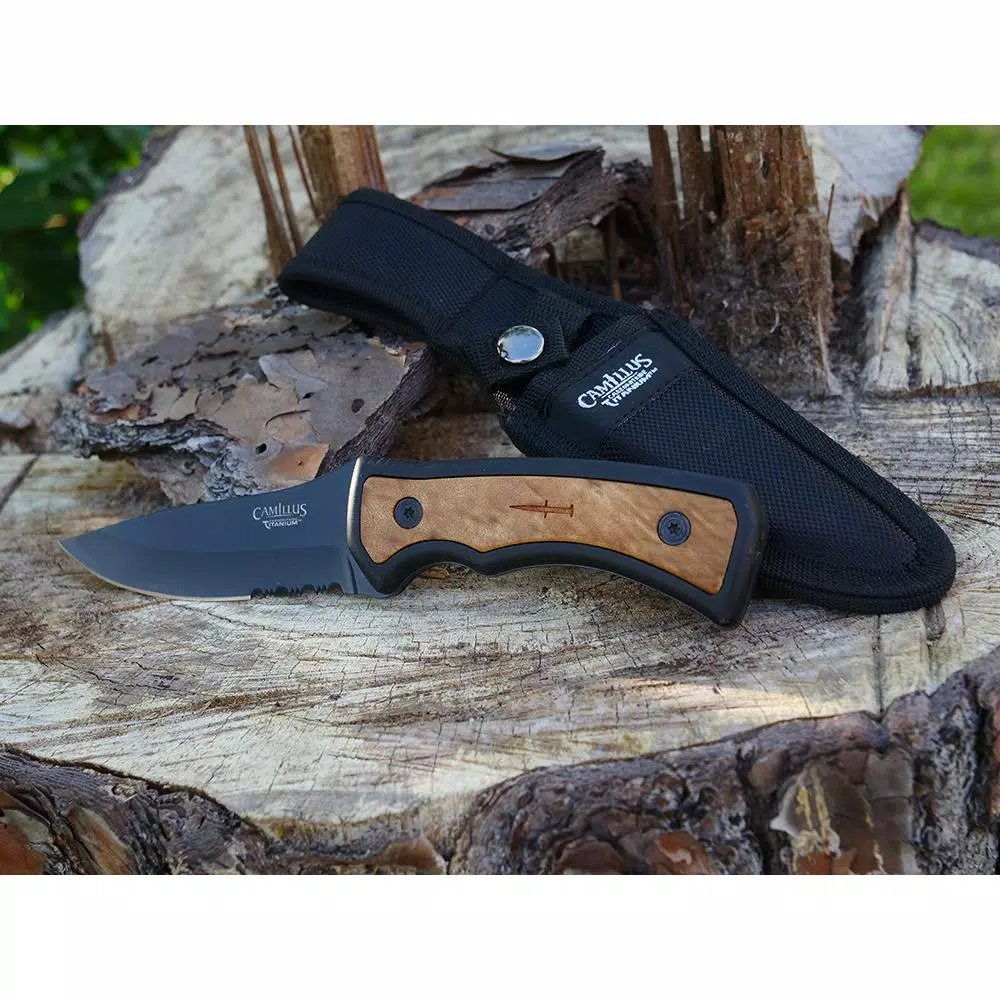 Camillus Mountaineer 4 in. Carbonitride Titanium Drop Point Fixed Blade Knife with Burlwood Accent Handle
