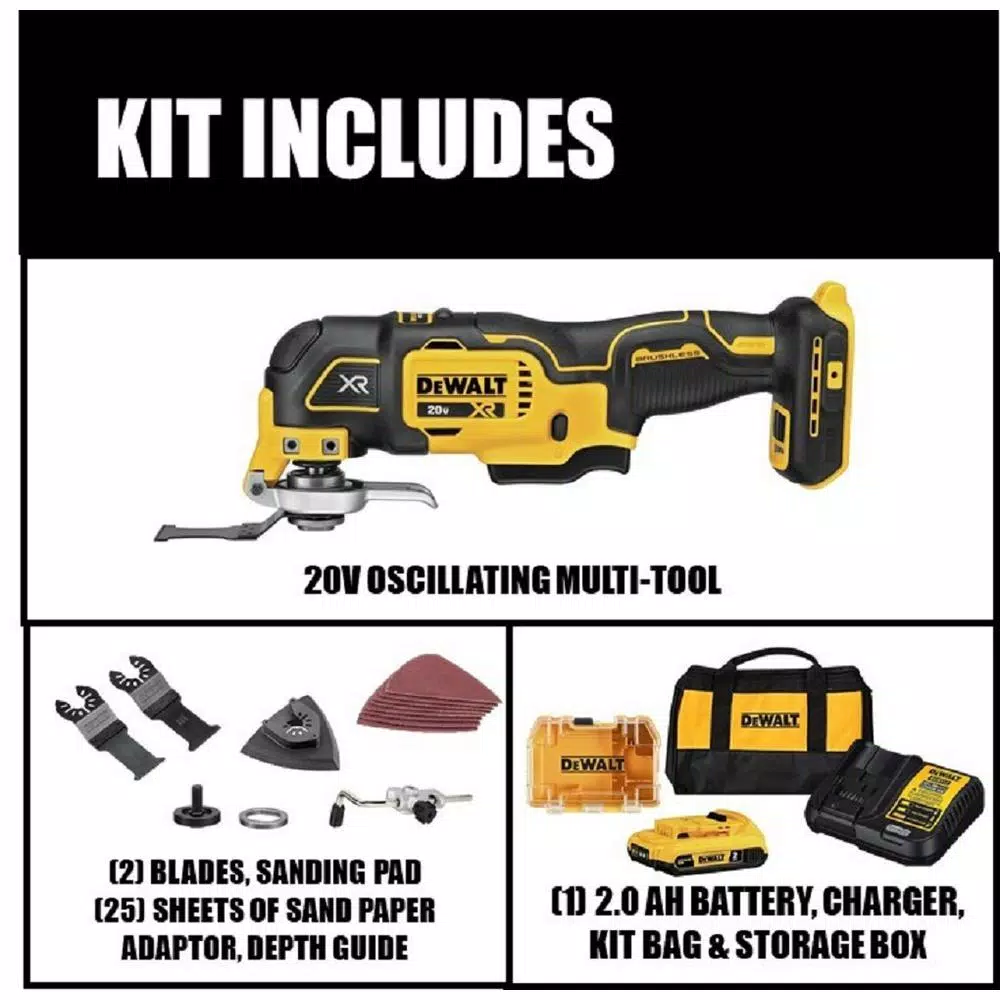 DEWALT 20V MAX XR Brushless 3-Speed Oscillating Multi-Tool Kit with 2.0Ah Battery and Charger