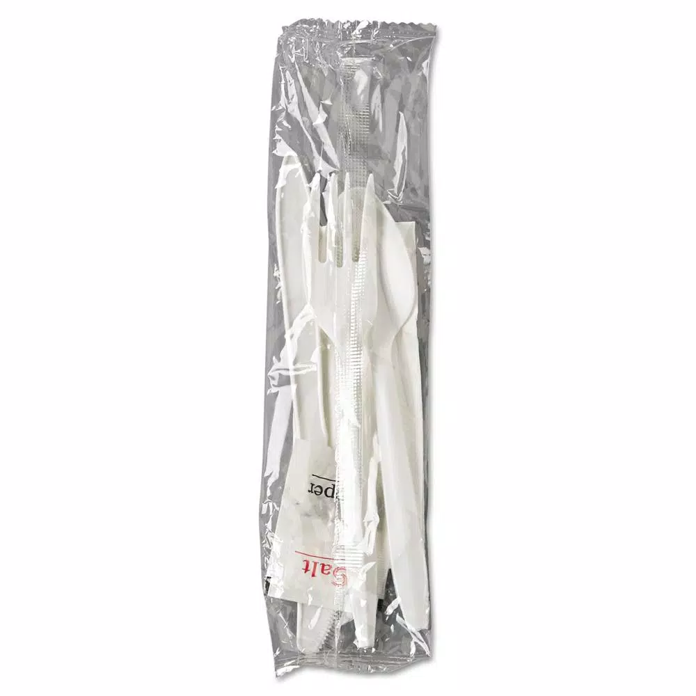 GEN White Plastic Wrapped Cutlery Kit with Napkin, Salt & Pepper - 250 Count