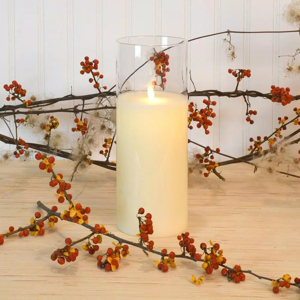LUMABASE 10 in. Glass Hurricane LED Flameless Candle with Moving Flame, Battery Operated