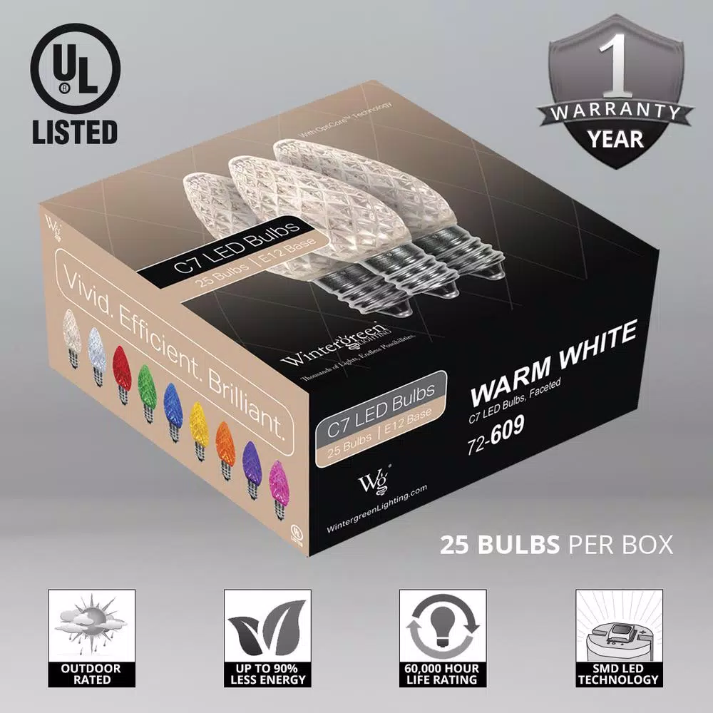 Wintergreen Lighting OptiCore C7 LED Warm White Faceted Christmas Light Bulbs, 25-Pack