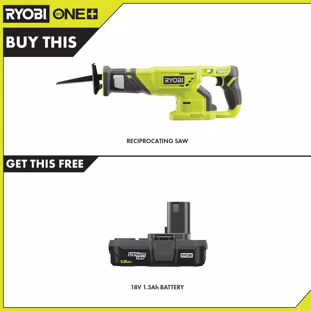 RYOBI 18V ONE+ Cordless Reciprocating Saw with 1.5 Ah Lithium-Ion Battery and 6" Wood Blade