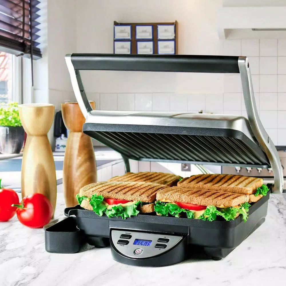 Ovente GP1000BR 1500W Brushed Nickel Non-Stick 4-Slice Panini Press & Gourmet Sandwich Maker