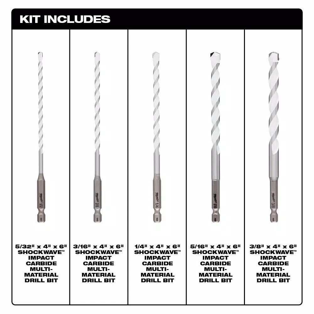 Milwaukee SHOCKWAVE Carbide Multi-Material Drill Bits Set, 5-Piece
