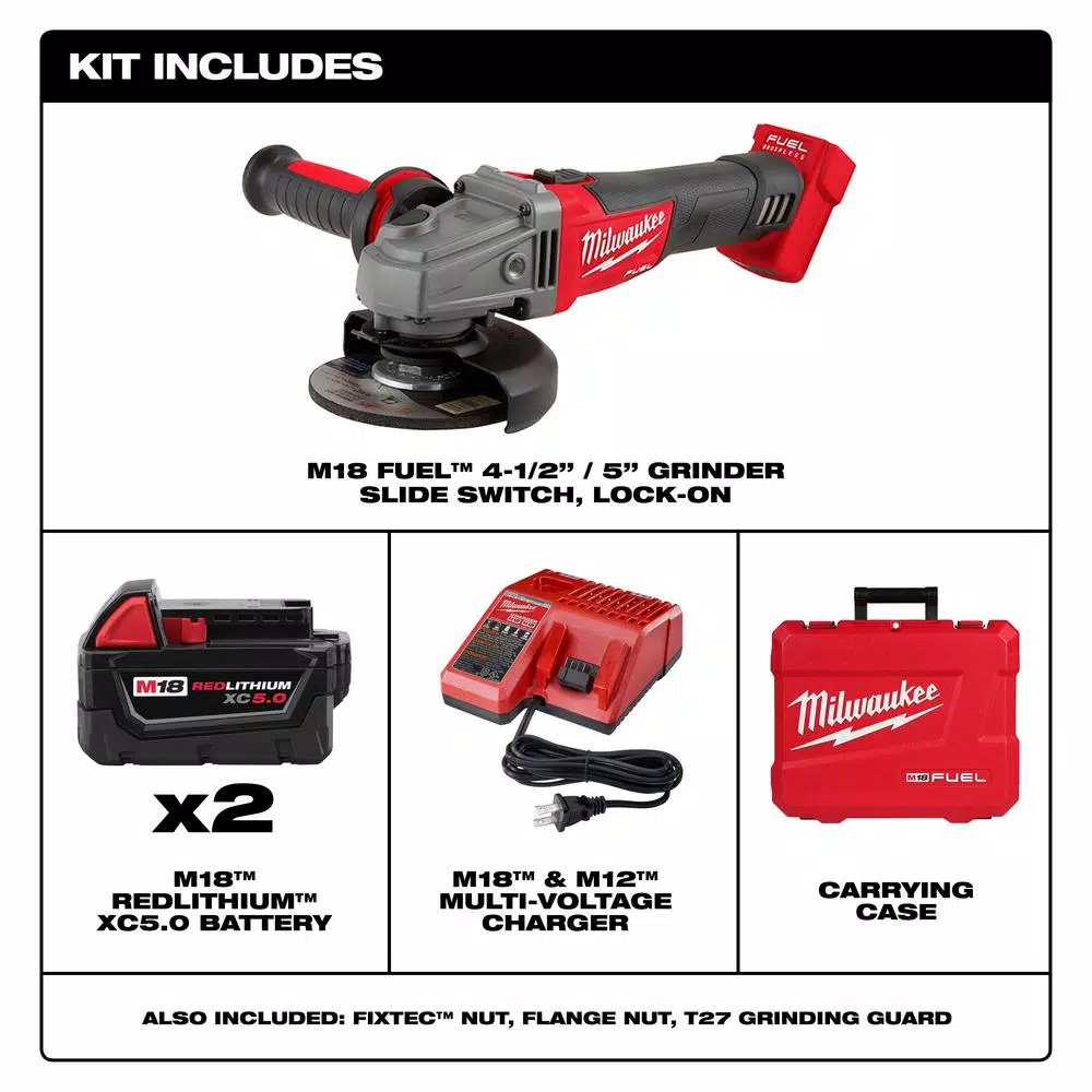 Milwaukee M18 FUEL 4-1/2"/5" Brushless Cordless Angle Grinder Kit with Two 5.0 Ah Batteries