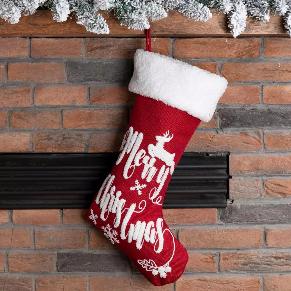 Glitzhome 21 in. Fabric Christmas Stocking with Reindeer and Snowflake Design, Red and White