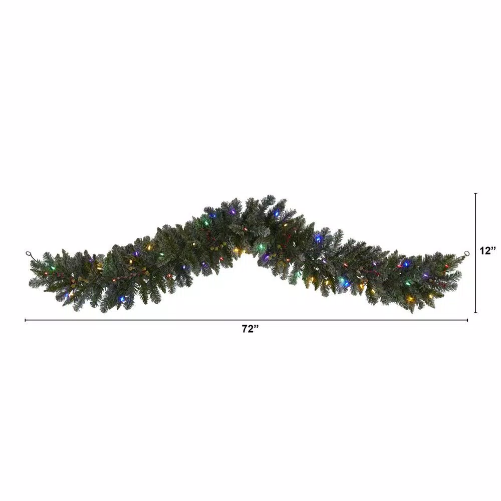 Nearly Natural 6 ft. Pre-Lit Flocked Artificial Christmas Pine Garland with 50 Multi-Colored LED Lights and Berries