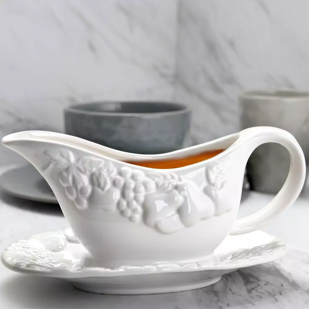 Gibson Home Fruitful 8 in. White Durastone Gravy Boat with Saucer
