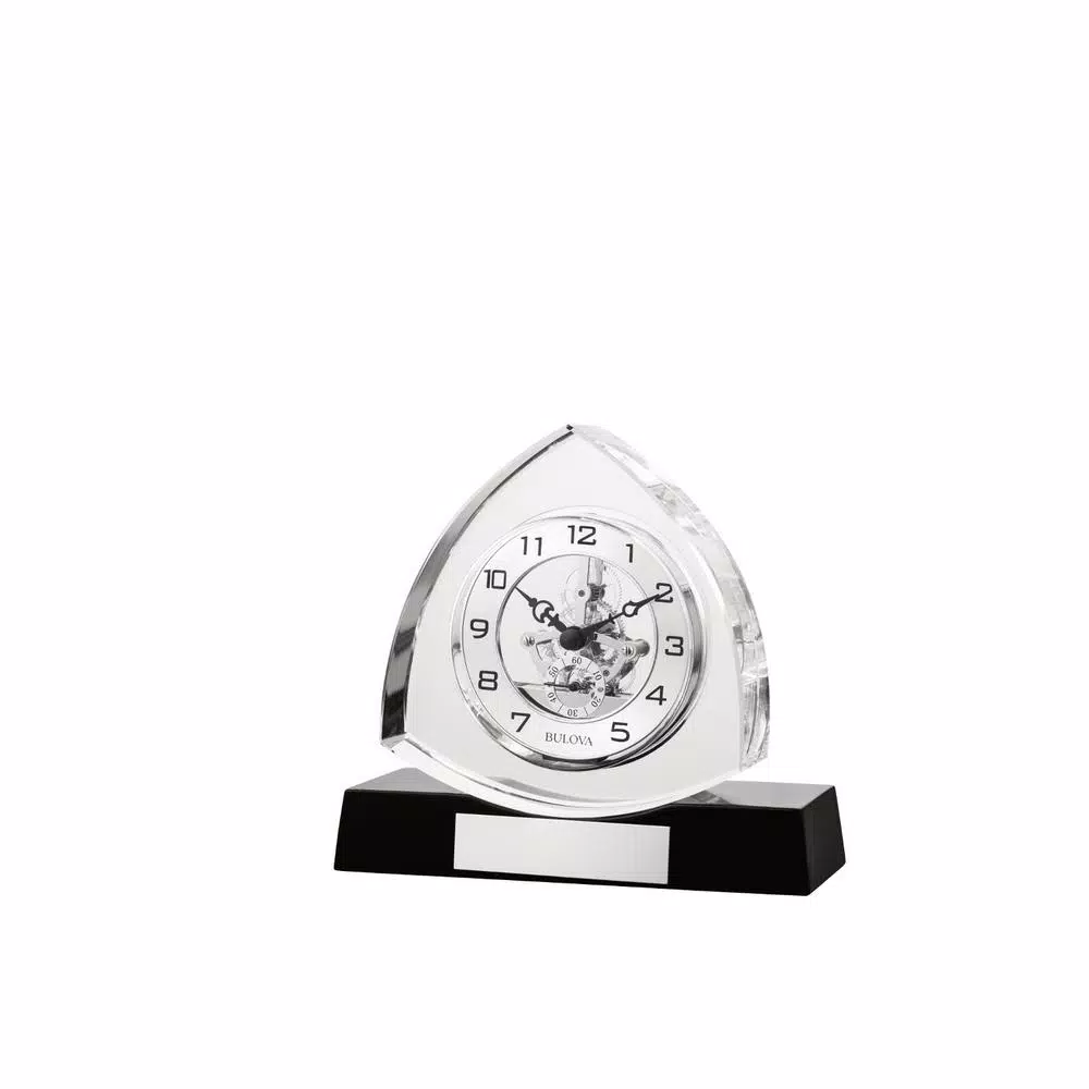 Bulova Trident K-9 Crystal Table Clock with Ebony Gloss Hardwood Base and Polished Chrome Skeleton Movement