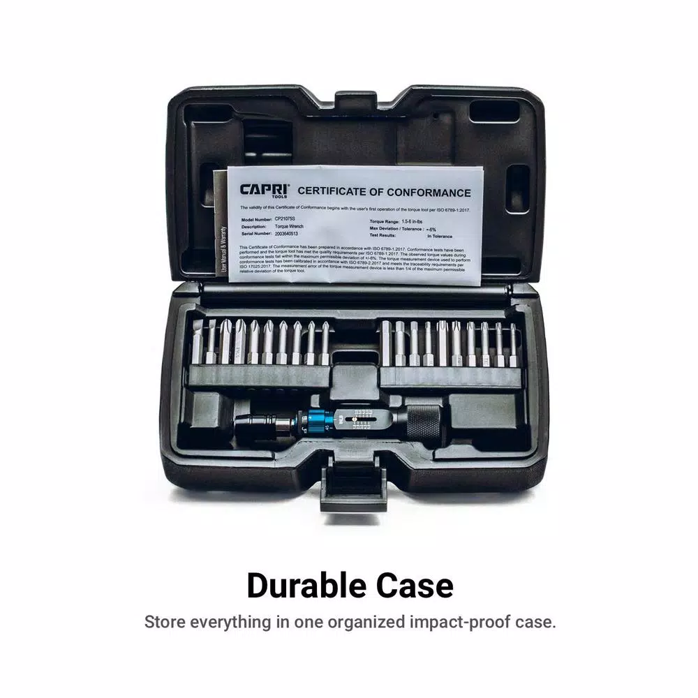 Capri Tools Ultra Precision Certified Torque Screwdriver Set, 1.5-6 in. lbs, 16-Piece Kit