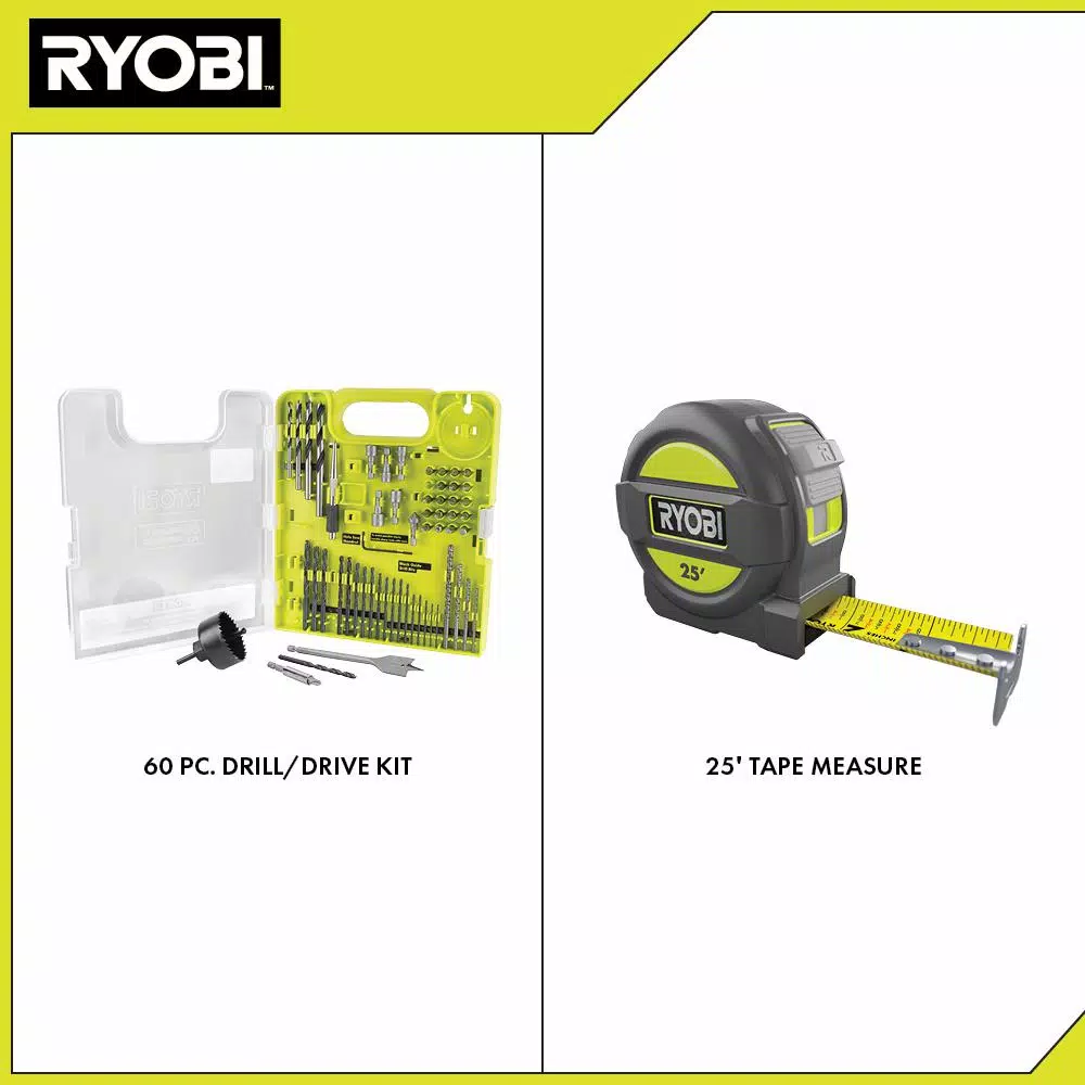 RYOBI 60-Piece Multi-Material Drill and Drive Bit Set with Bonus 25 ft. Tape Measure