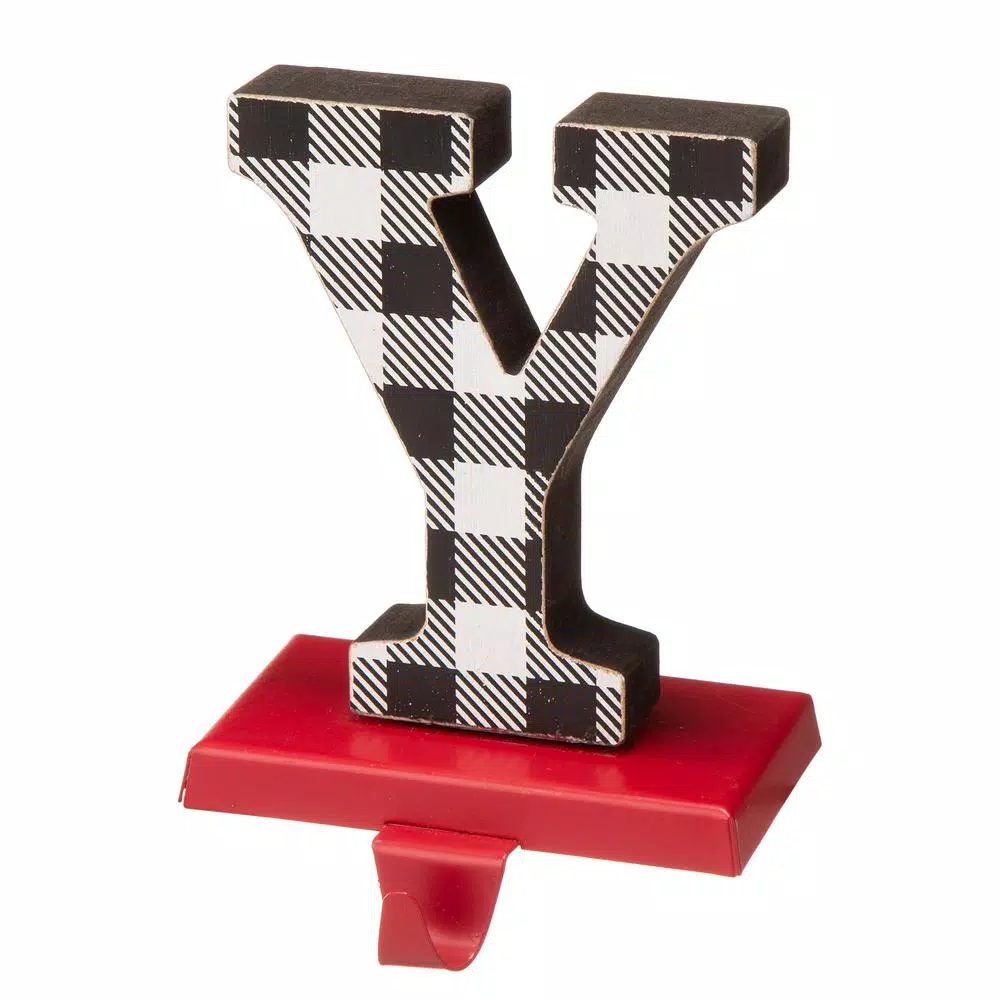 Glitzhome JOY Christmas Stocking Holder Set of 3 - Buffalo Plaid Wood and Metal Decor