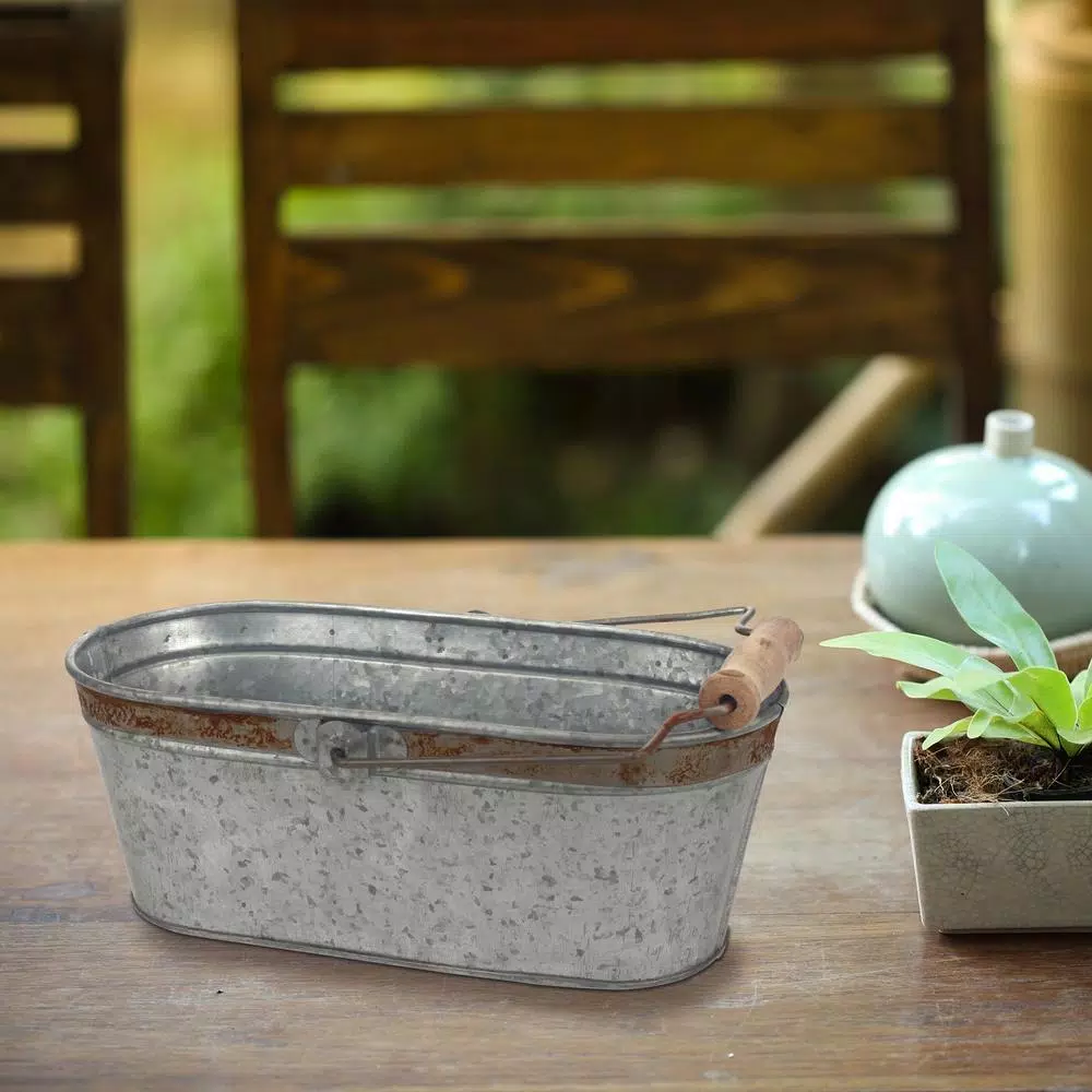 Stonebriar Collection 12 in. Galvanized Metal Decorative Bucket with Rust Trim and Wooden Detail Handle
