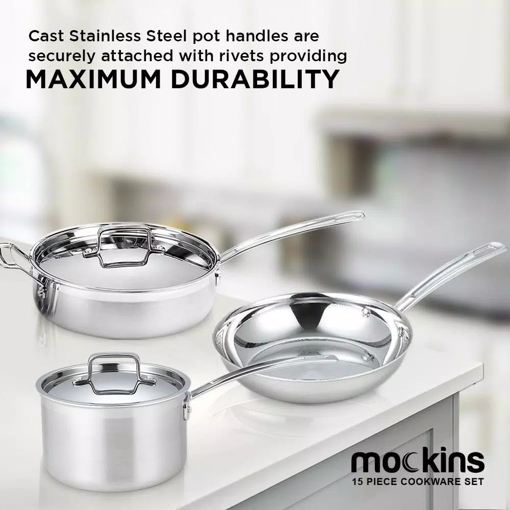 Mockins 15-Piece Tri-Ply Stainless Steel Cookware Set with Lids