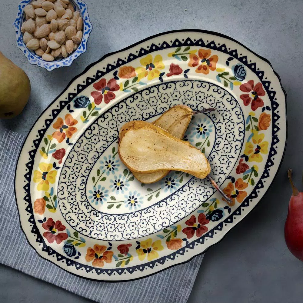 GIBSON elite Luxembourg 14 in. Multicolored Hand Painted Stoneware Oval Serving Platter