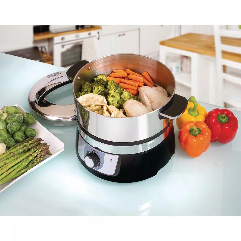 Euro Cuisine 3.4 Qt. Stainless Steel Electric Food Steamer and Rice Cooker, 1200W, Black