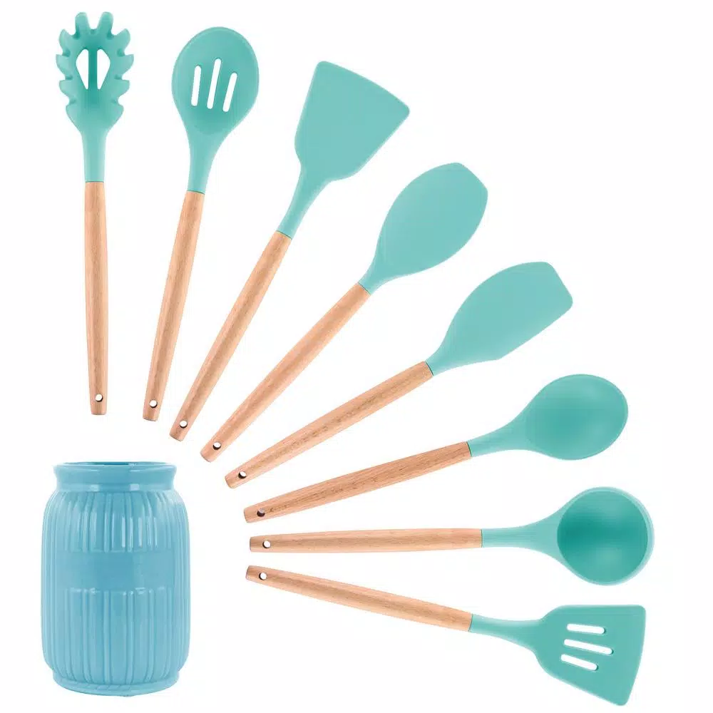 MegaChef 9-Piece Light Teal Silicone and Wood Kitchen Utensil Set