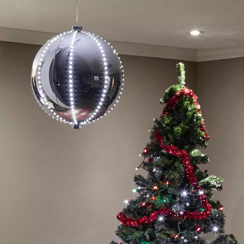 Alpine Corporation 13 in. Large Silver Hanging Christmas Ball Ornament with 240 LED Lights