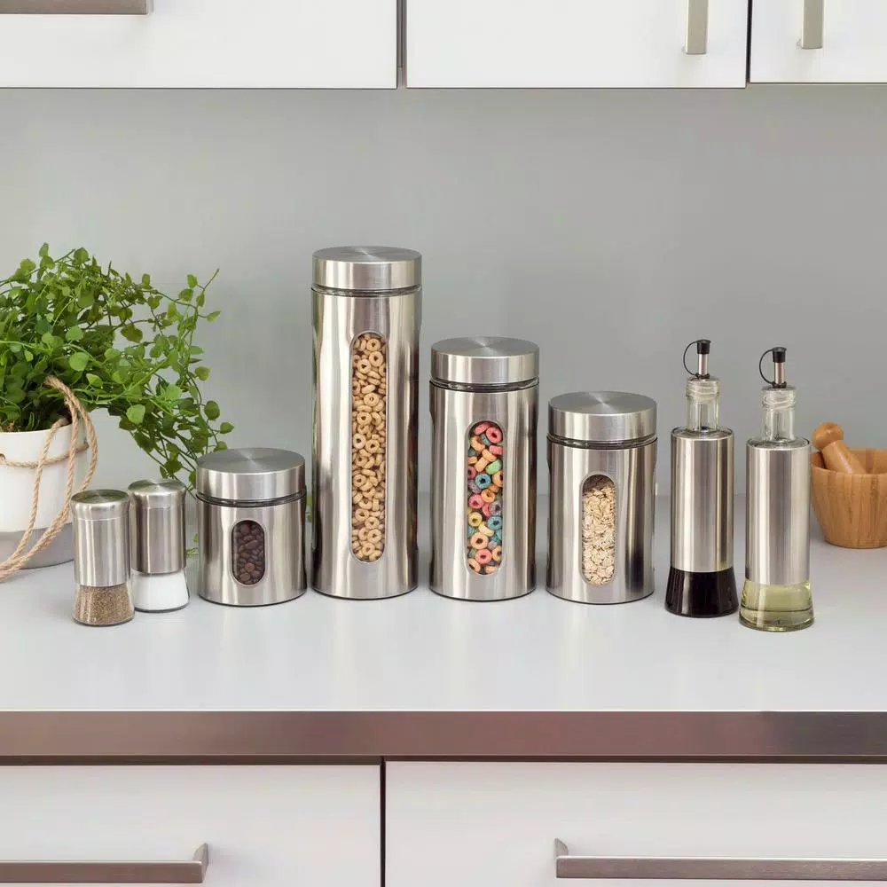 Home Basics Essence 4-Piece Stainless Steel Canister Set with Glass Base