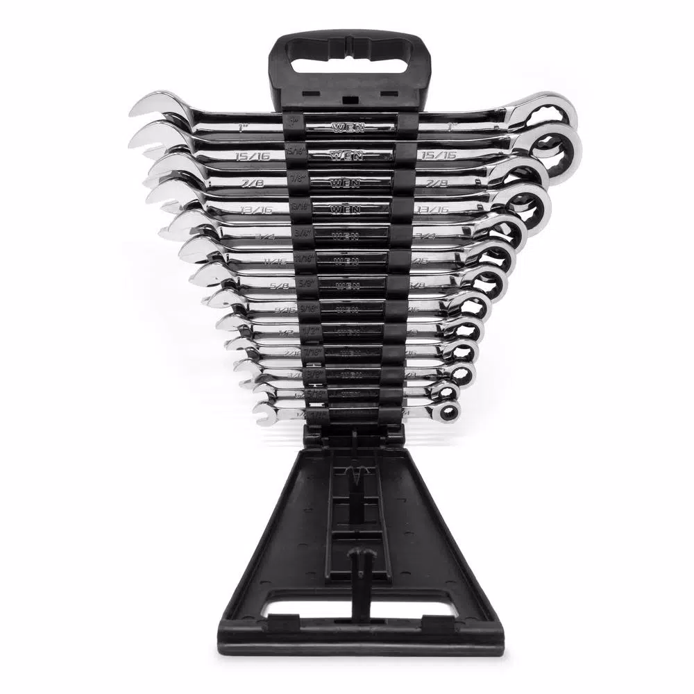 WEN 13-Piece Professional SAE Ratcheting Combination Wrench Set with Storage Rack