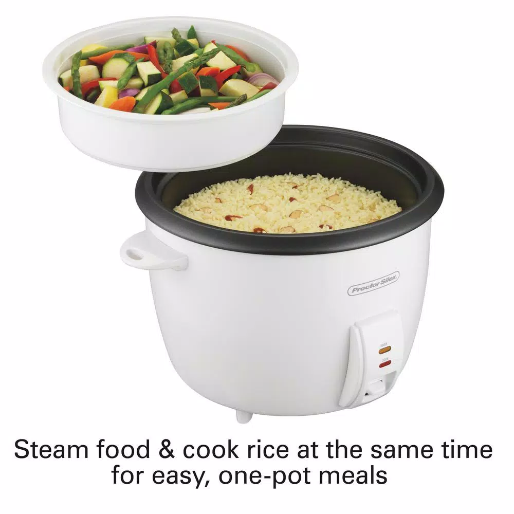 Proctor Silex 30-Cup White Rice Cooker with Steaming Basket and Keep Warm Function