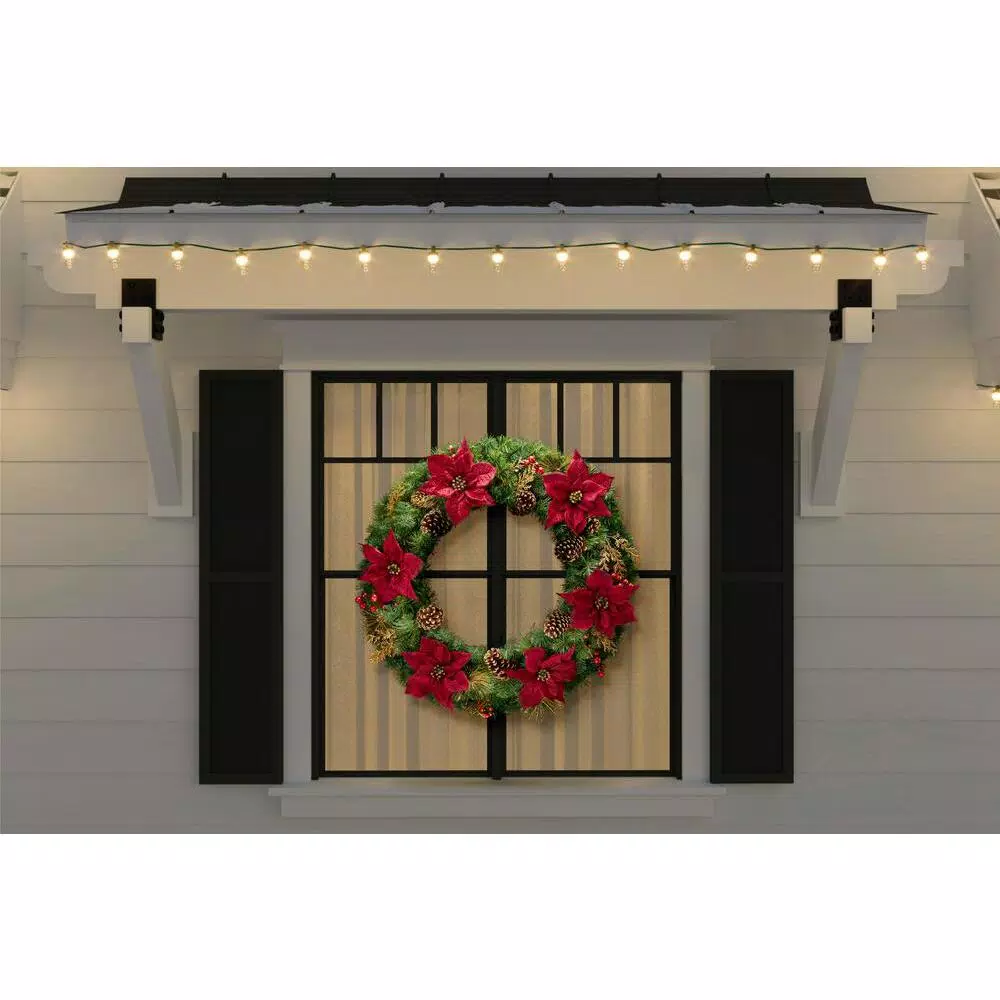 Home Accents Holiday 36 in. Burgundy Poinsettia and Mixed Pine Wreath with Berries, Gold Glitter Cedar and Pinecones