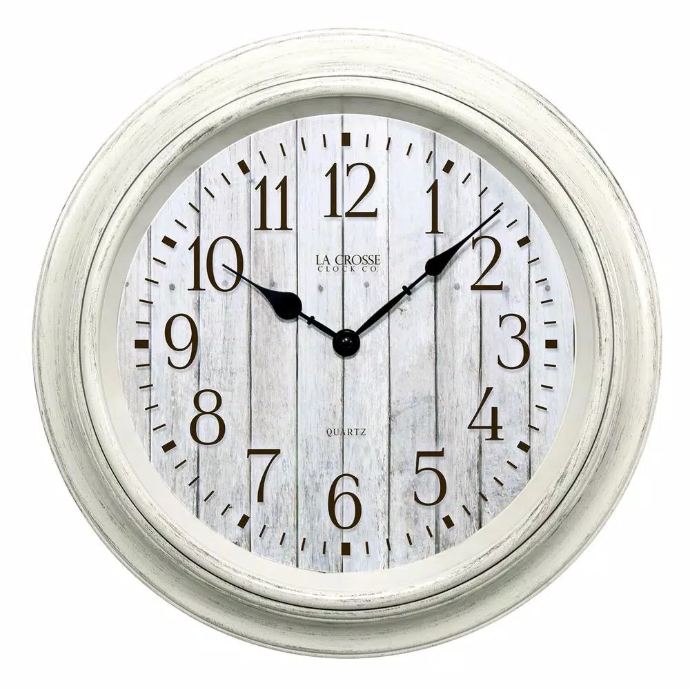 La Crosse Technology 14 in. Round White Distressed Barn Wood Style Wall Clock with Quartz Movement