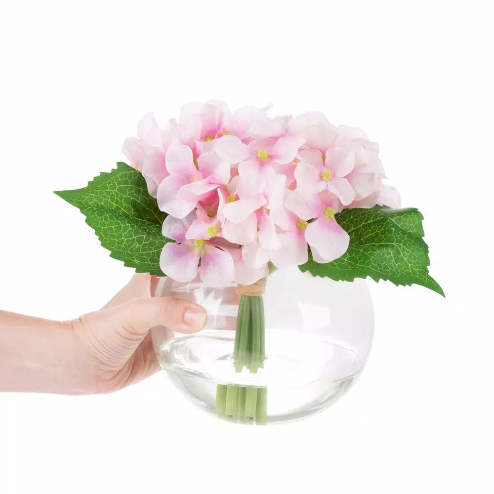Pure Garden 7.5 in. Pink Hydrangea Artificial Floral Arrangement in Glass Vase