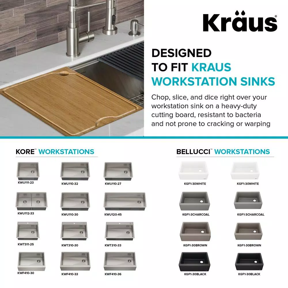 KRAUS 12 in. Solid Bamboo Workstation Sink Cutting Board