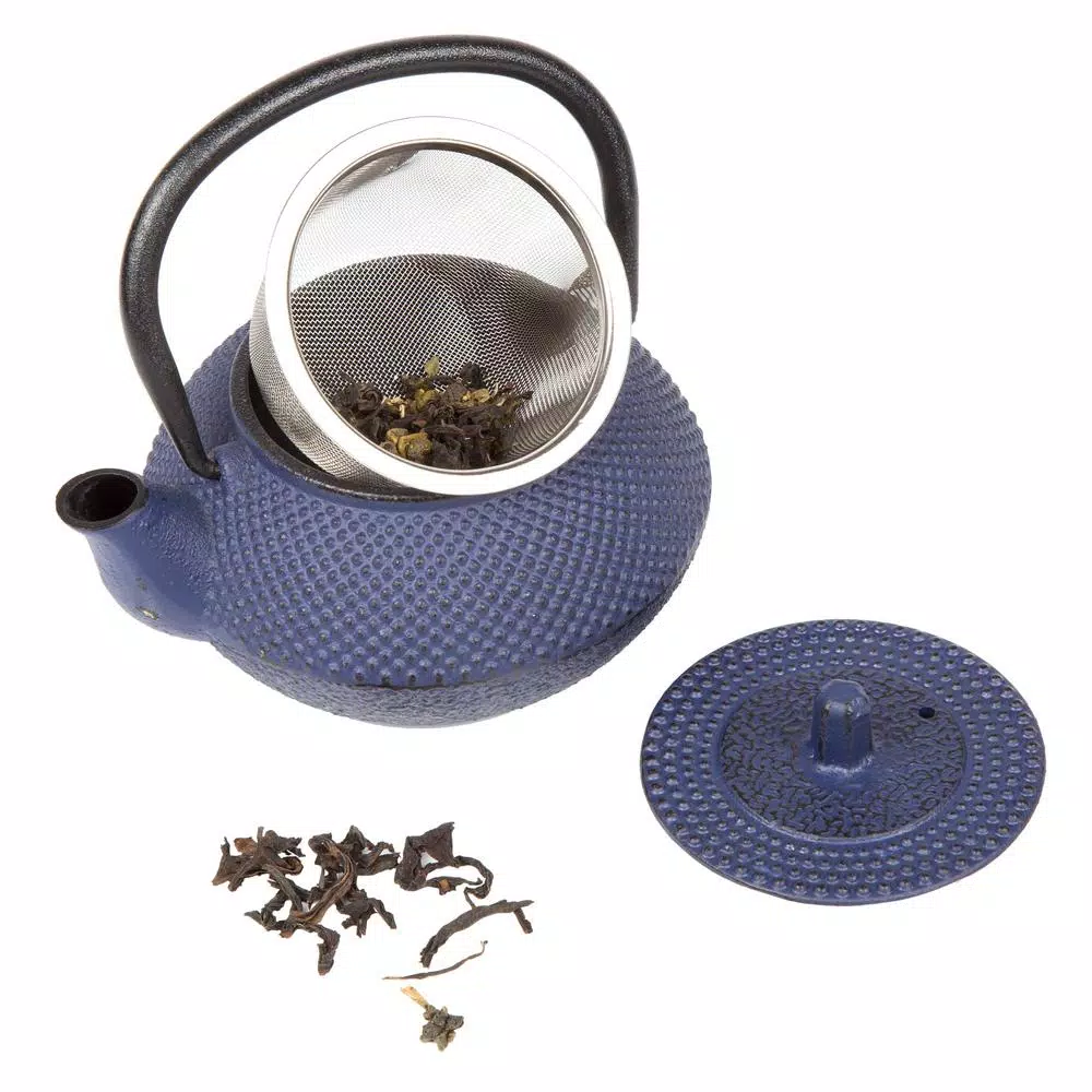 Creative Home Kyusu Blue Cast Iron Tea Pot with Removable Stainless Steel Infuser Basket, 10 oz.
