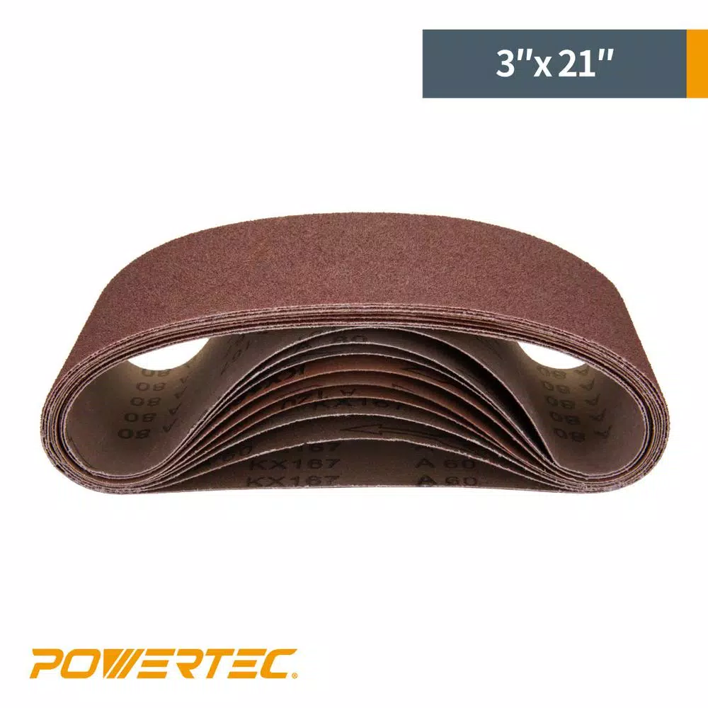 POWERTEC 180 Grit Aluminum Oxide Sanding Belts, 3 in. x 21 in. (10-Pack)