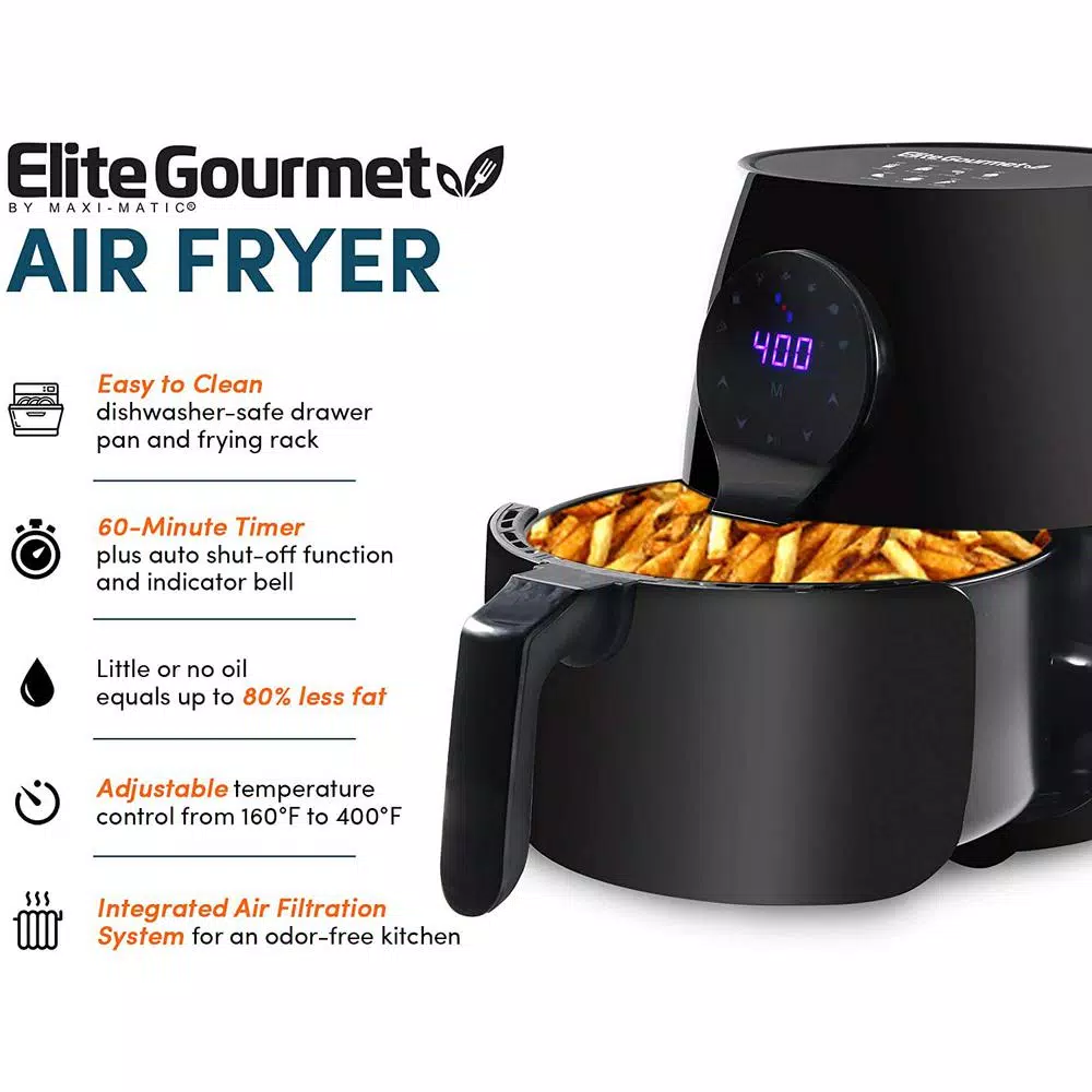 Maximatic Elite Gourmet 5.3 Qt. Digital Air Fryer, 1350W Oil-Free Multi-Cooker, Black