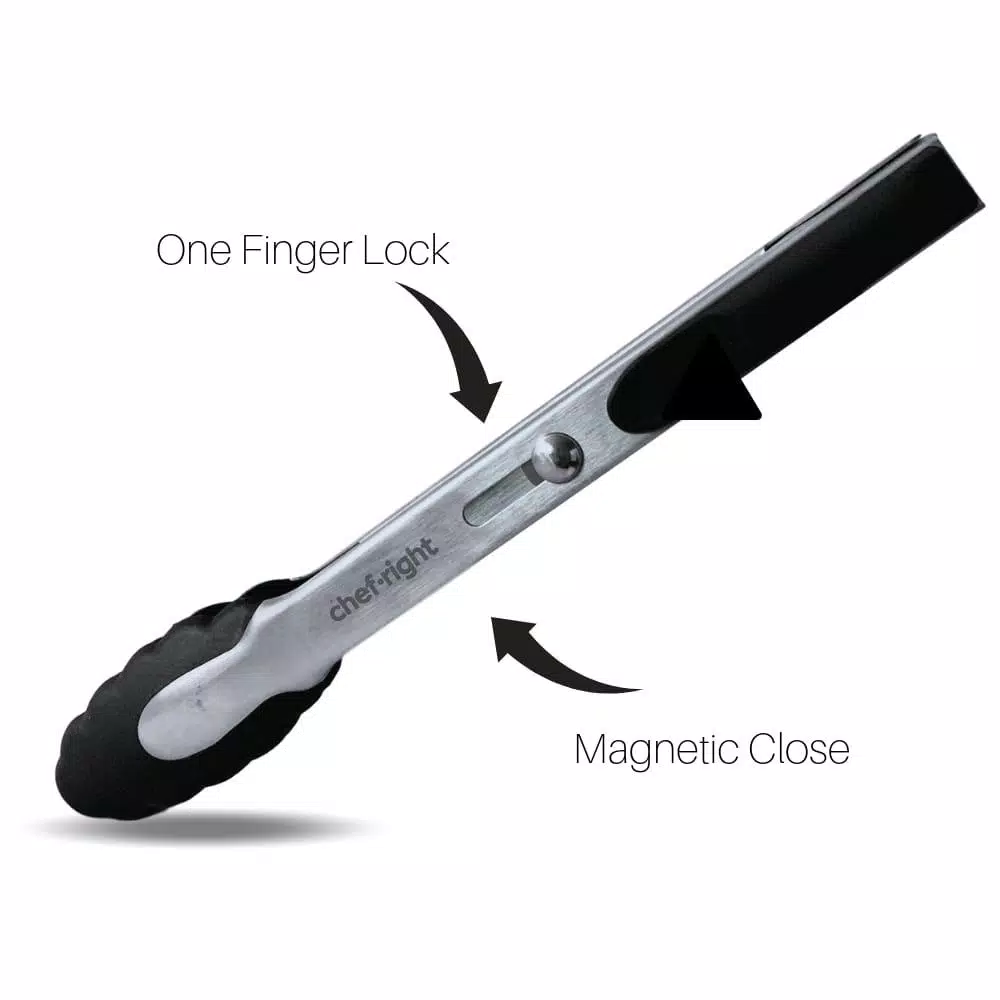 Chefright 9 in. Brushed Stainless Steel Magnetic Locking Tongs with Soft Rubber Grips (Set of 3)