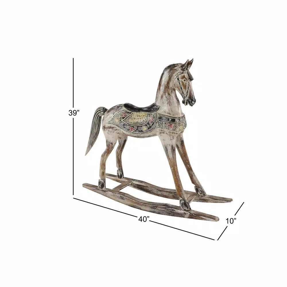 LITTON LANE Handmade Vintage Wooden Rocking Horse - Hand-Carved Albizia Wood with Ornamental Saddle