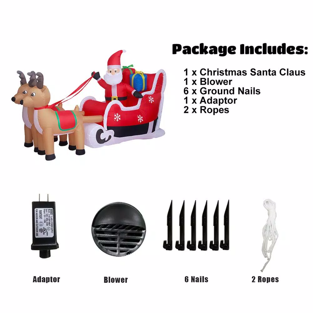 JOYDECOR 5 ft. Santa Claus on Sleigh with 2 Reindeer Christmas Inflatable Outdoor Decoration with LED Lights